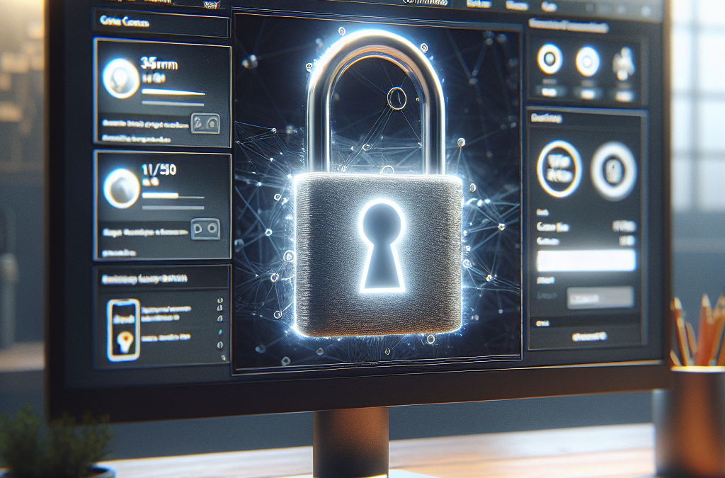 A computer monitor displaying a digital interface with a large padlock symbol, suggesting cybersecurity or data protection concepts. The environment is a modern office space.