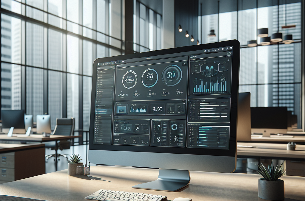 A modern office with a large computer monitor displaying data dashboards, situated on a wooden desk with a keyboard, mouse, and small potted plants, against a backdrop of large windows overlooking a cityscape.