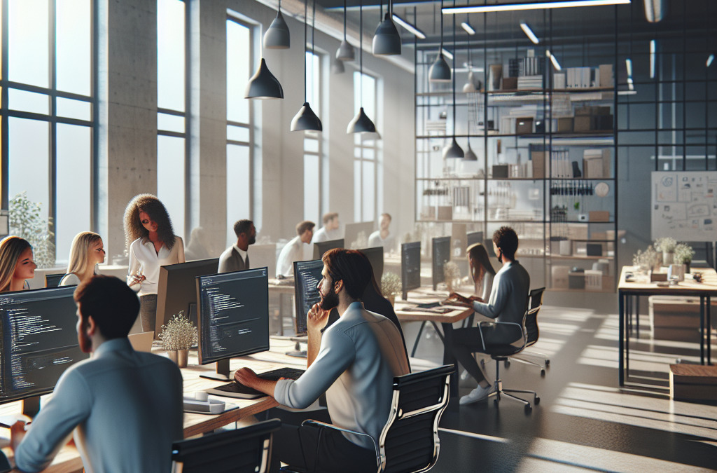 A modern open-plan office with people working at desks with computers in natural light from large windows.
