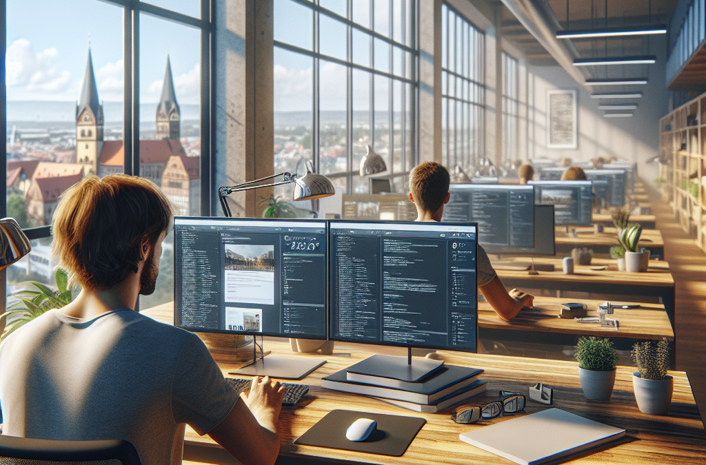 Open-plan office with multiple people working on computers, large windows showing a cityscape with a church in the background.