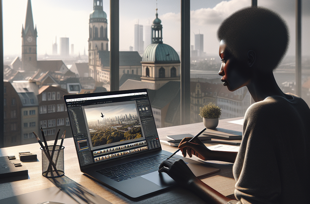 A person working on a laptop at a desk with a cityscape view of church spires and modern buildings in the background.
