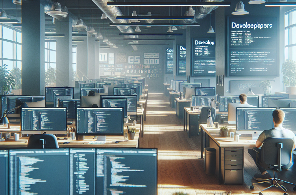 A modern, open-plan office space filled with rows of desks, each equipped with dual monitors displaying code. Individuals are working at their desks, with large windows and industrial-style decor surrounding the space.