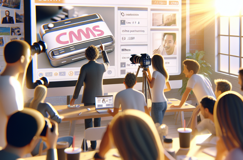 A group of people in a classroom setting watch a presenter at a large screen displaying CMMS software. There is a camera recording, and the room is well-lit with large windows.