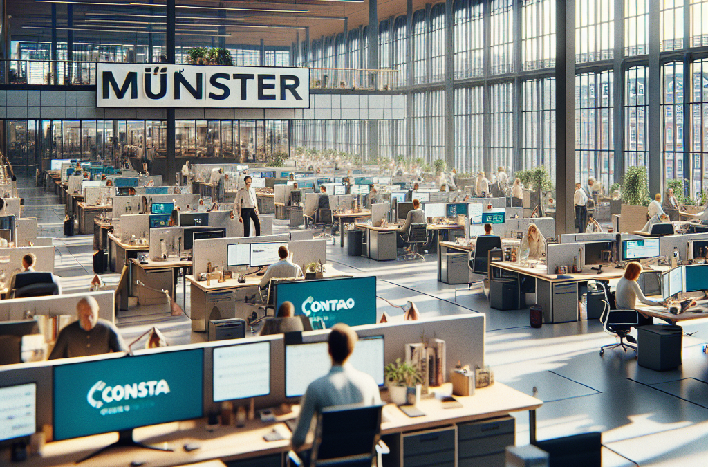 Large, modern open-plan office space filled with rows of desks, computers, and people working. A sign with the word "MÜNSTER" is visible above.