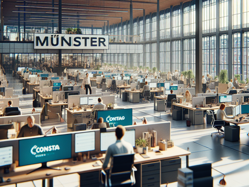 Large, modern open-plan office space filled with rows of desks, computers, and people working. A sign with the word "MÜNSTER" is visible above.