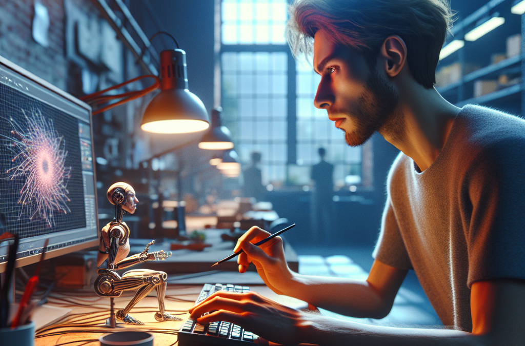 A young man works at a computer in a dimly lit workspace, with a small robot figurine on his desk and a digital network pattern displayed on the screen.