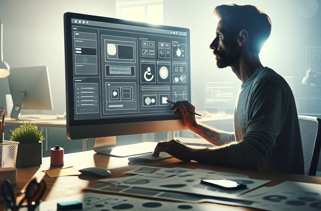 A person working at a computer with design software on the screen, sitting at a desk with papers and office supplies.