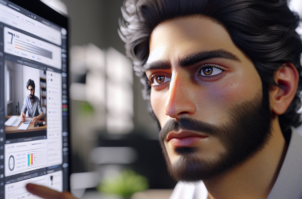 A person with dark hair and a beard intensely looks at a computer screen displaying a digital workspace with various data and charts.