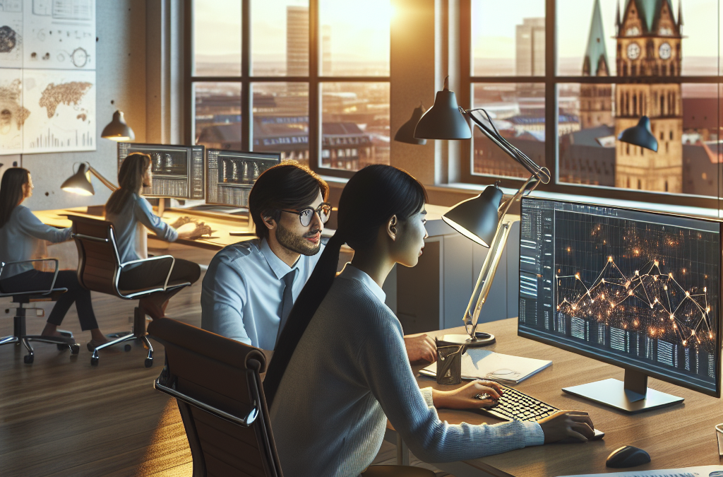 Young professionals work at desks with computers displaying data visualizations in a modern office with large windows overlooking a cityscape at sunset.