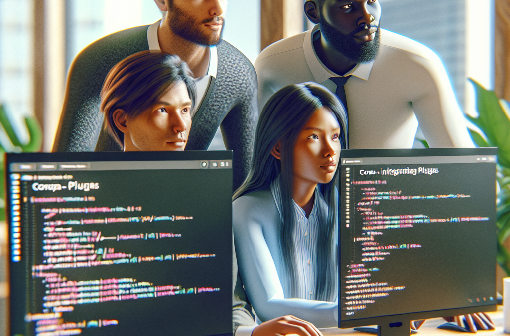 Four people collaborating in front of computer screens displaying code in a modern office setting.