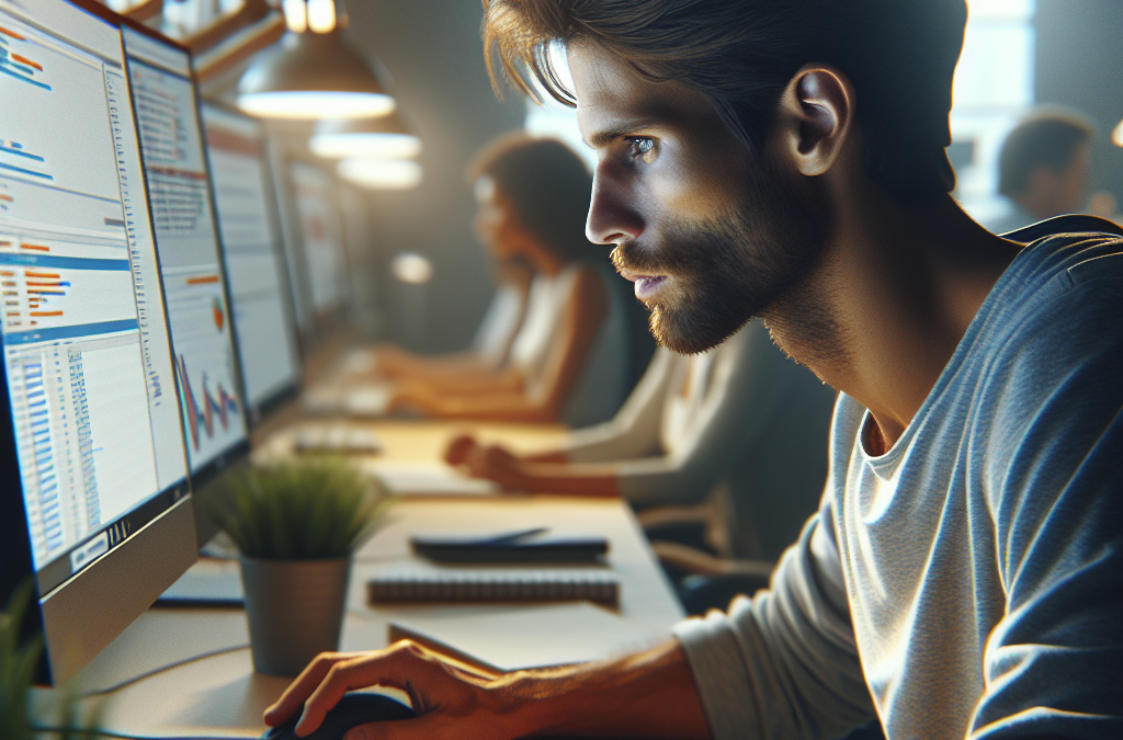 A focused man works at a computer with data displayed on the screen in a modern office setting, alongside other people.