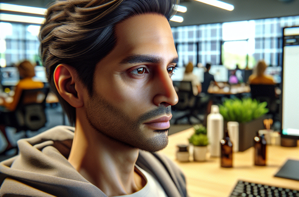 A person with short hair and stubble looks thoughtful in a modern office setting with blurred coworkers in the background.