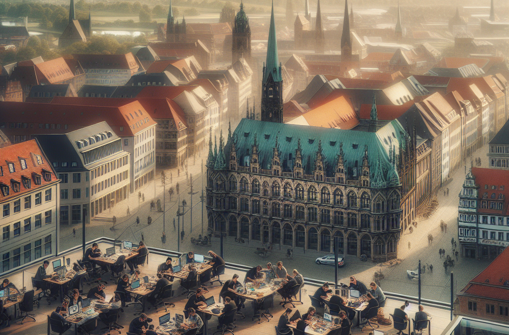 A rooftop office space overlooking a historic European cityscape with people working at desks under the open sky.