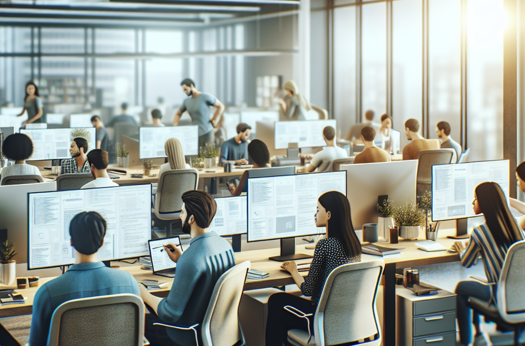 A modern office space with several people working at computer desks, large windows, and natural lighting.