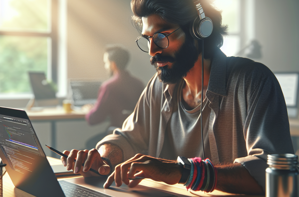 A person wearing headphones and glasses is working on a laptop, with code visible on the screen, in an office setting. Sunlight is streaming through a window, and another person is working at a desk in the background.