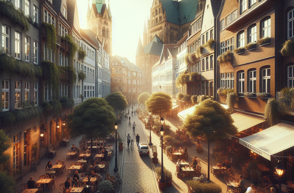 A picturesque European street scene with outdoor cafes, people dining, cobblestone paths, and historic buildings. A church with spires is visible in the background, illuminated by warm sunset light.