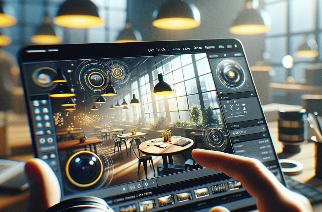 A person is using a tablet with photo editing software, adjusting an image of a modern café interior. Various editing tools are visible on the screen.