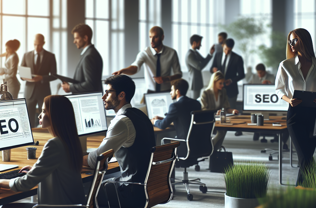 A busy open-plan office with people working at computers displaying SEO content. Several groups are engaged in discussions.