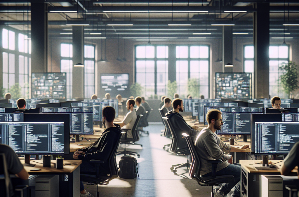 A modern open-plan office with several people working on computers displaying code, large windows and industrial lighting.