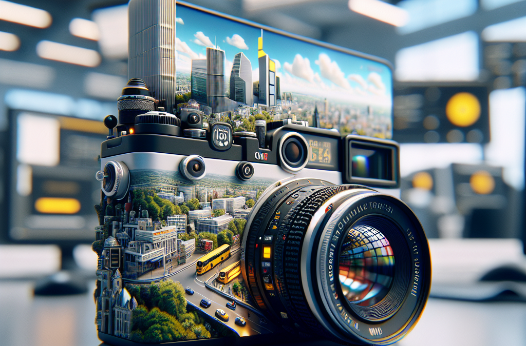 A camera creatively designed with an urban cityscape integrated into its body, featuring buildings and streets.