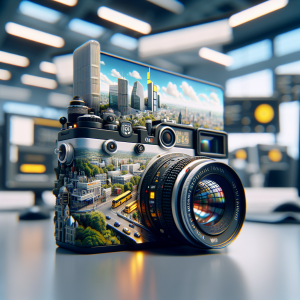 A camera creatively designed with an urban cityscape integrated into its body, featuring buildings and streets.