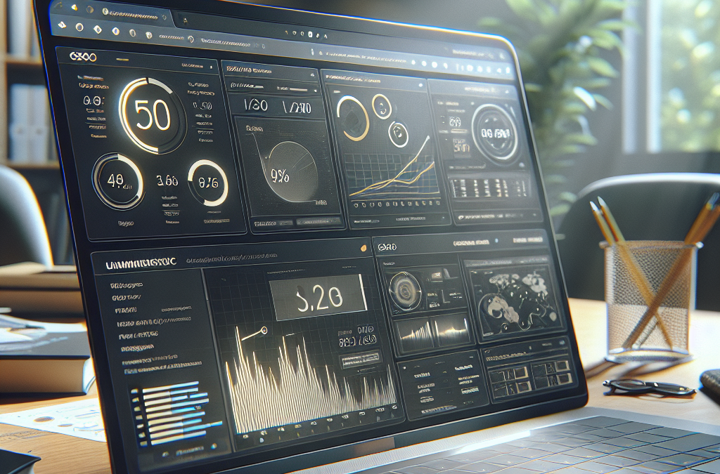 A laptop displaying a data analytics dashboard with various graphs, charts, and gauges in an office setting.