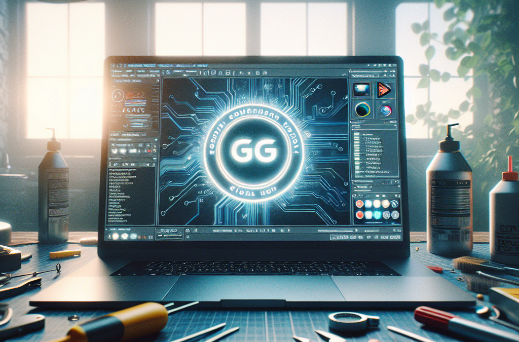 A laptop on a workbench displaying a digital design with "GG" in the center, surrounded by electronic circuit graphics. Various tools and spray bottles are scattered around, and a window with morning light and plants is in the background.