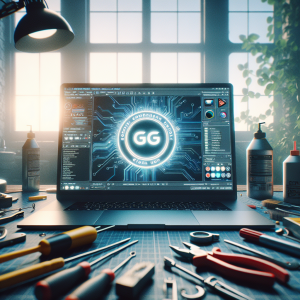 A laptop on a workbench displaying a digital design with "GG" in the center, surrounded by electronic circuit graphics. Various tools and spray bottles are scattered around, and a window with morning light and plants is in the background.