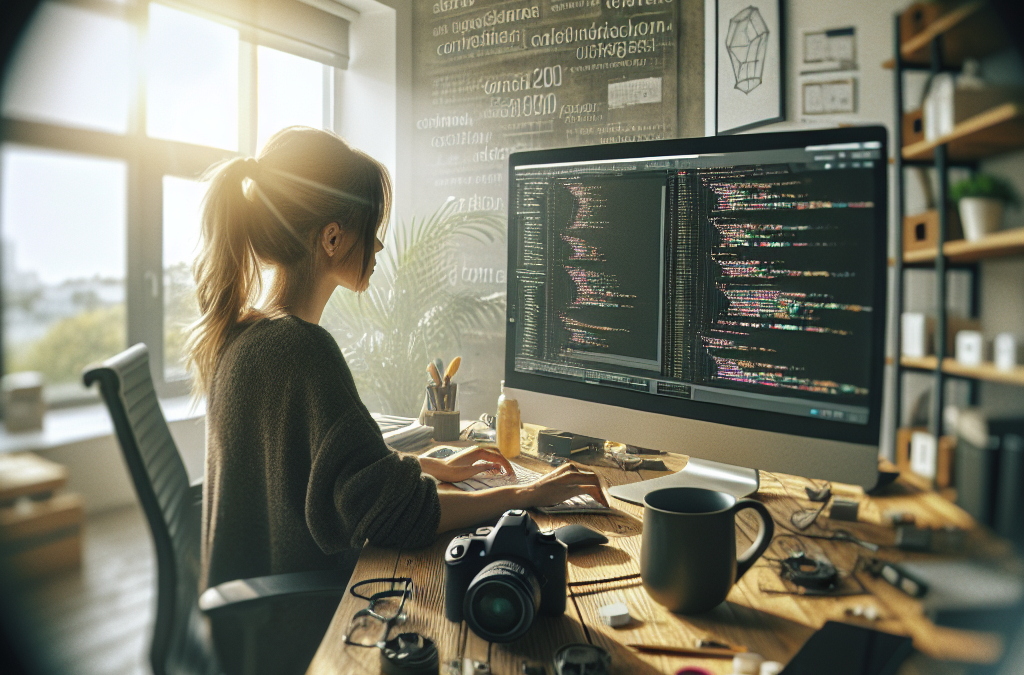 A woman working on a computer displaying code, seated in an office with a camera and various gadgets on the desk. Sunlight streams through a large window.