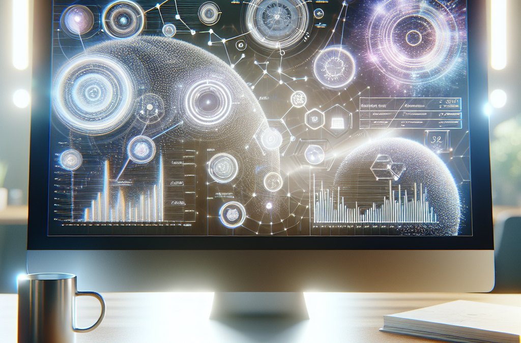 A futuristic computer monitor displaying various data visualizations and galaxy-like graphics. The setup includes a keyboard, mouse, mug, and book on a wooden desk.