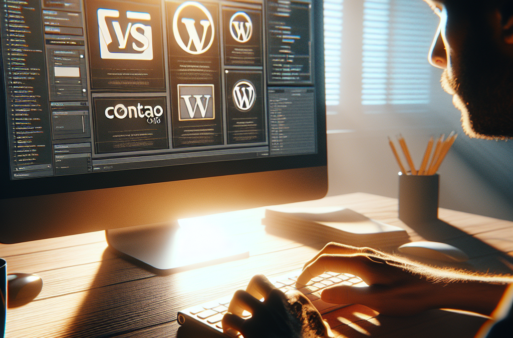 A person is working at a computer with a large monitor displaying various website platforms and tools. Sunlight streams through blinds, illuminating the workspace.