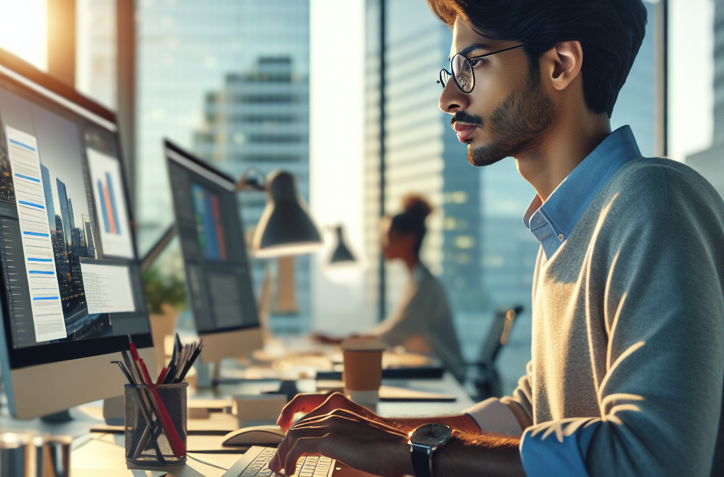 A man working at a computer in a modern office setting with large windows and a city view. Another person is in the background.