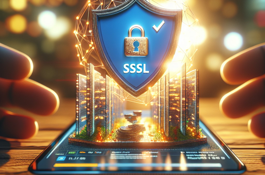 An illustration of a digital security concept featuring a shield labeled "SSSL" with a padlock, emerging from a smartphone screen. Surrounding the shield are glowing network nodes and city-like structures, suggesting cybersecurity and data protection.