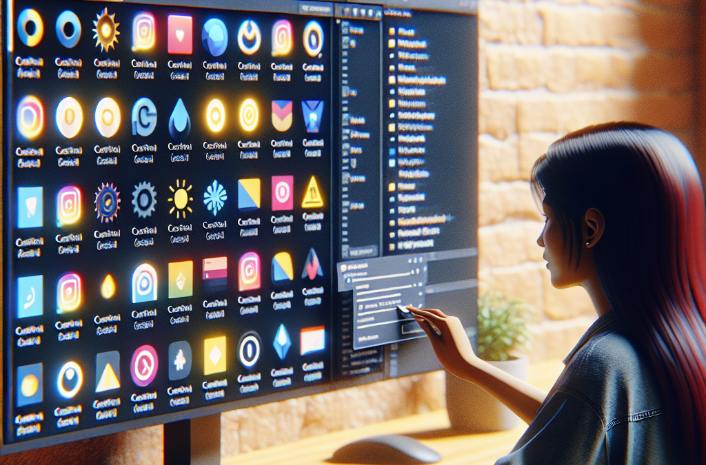 A person is working at a desk, interacting with a large computer monitor displaying various colorful icons and files.