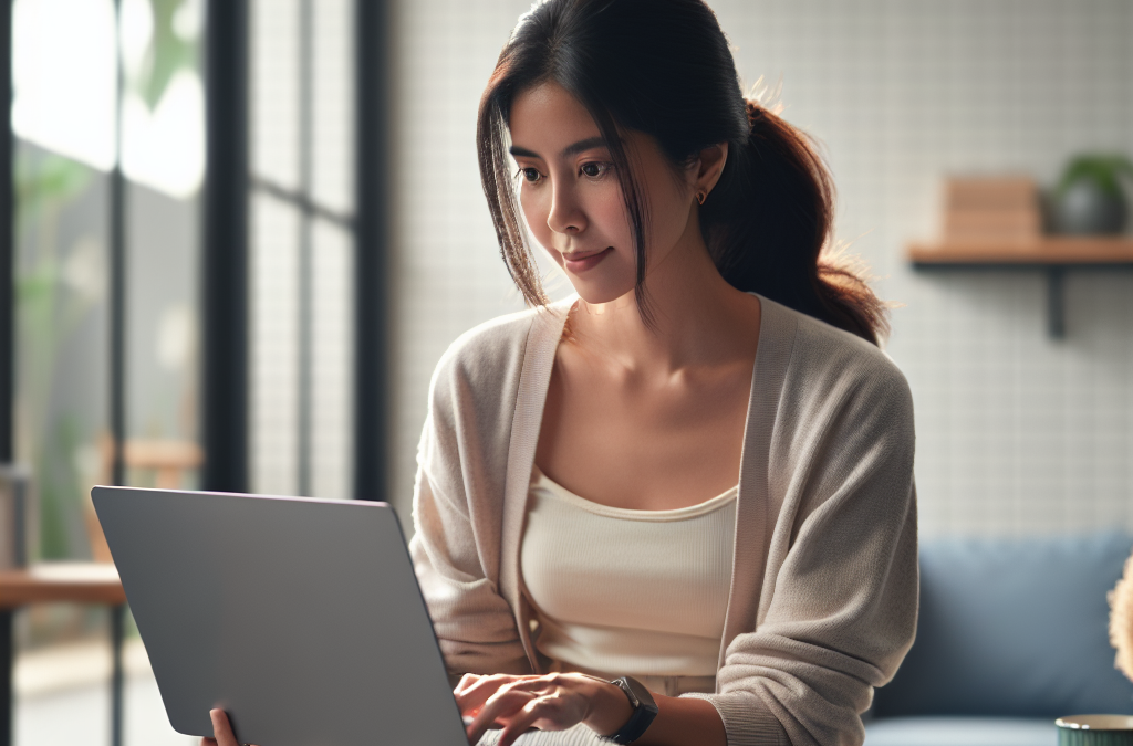 A woman sitting in a cozy living room, working on a laptop with a focused expression. She is wearing a light sweater and a watch, with a sofa and some home decor in the background. A table with a notebook and a green mug is beside her.