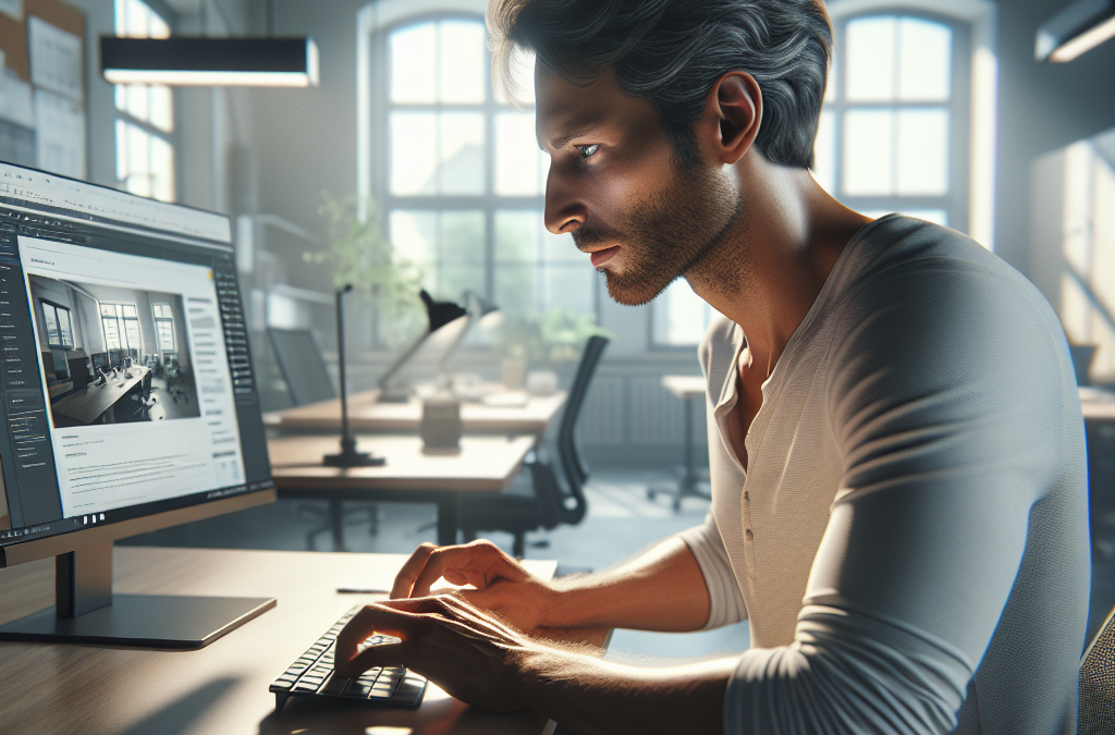 A man in a casual shirt is working intently on a computer in a modern, sunlit office setting.