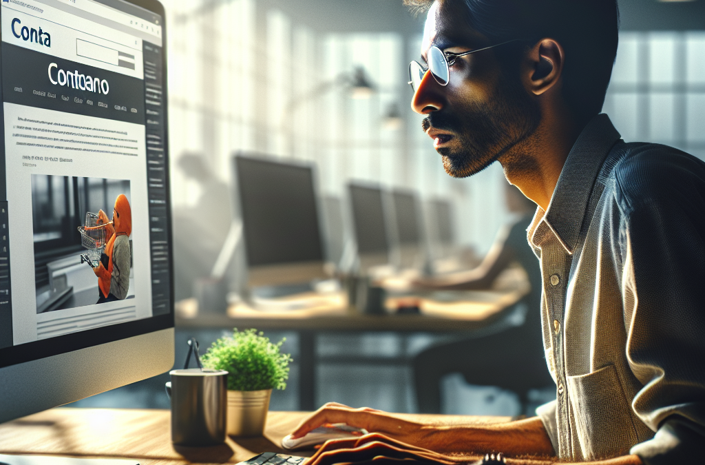 A person wearing glasses is sitting at a desk in an office, working on a computer. The screen displays a webpage, and there is a small potted plant on the desk. The office is filled with natural light.