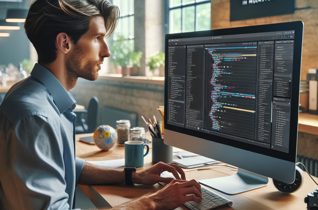 A person working on a computer in a modern office with code displayed on the screen.