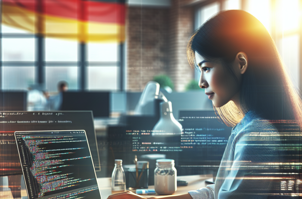 A person working on a laptop in an office with a German flag in the background. The screen displays lines of code, and sunlight streams through the windows.