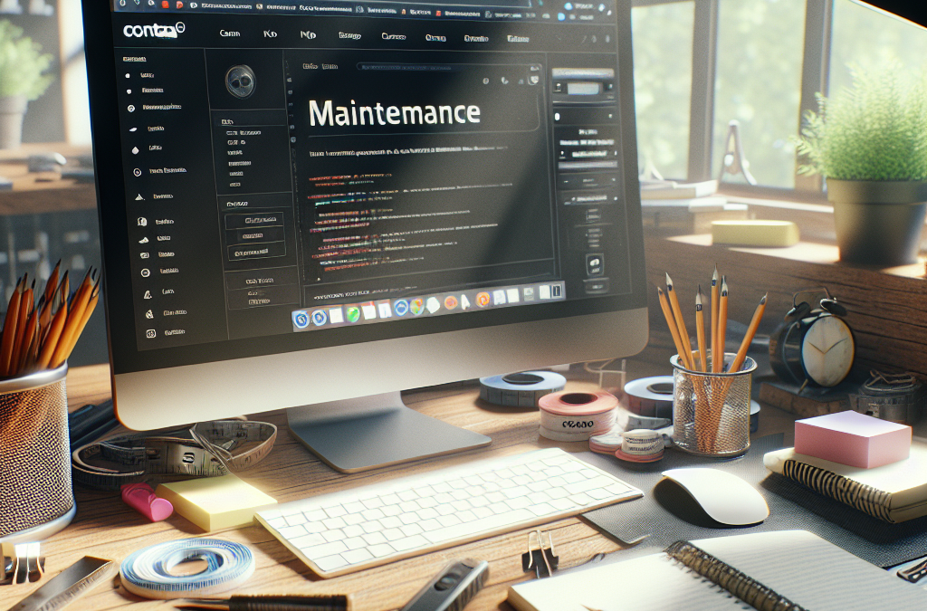 A cluttered desk with a computer displaying a "Maintenance" screen, surrounded by various office supplies like pencils, notebooks, and a clock. Sunlight streams through a window, creating a warm, cozy atmosphere.
