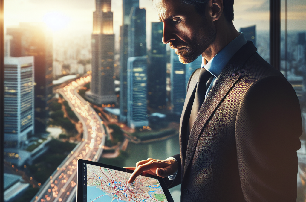 A man in a suit stands by a window overlooking a cityscape at dusk, holding and using a tablet with a digital map displayed on the screen.