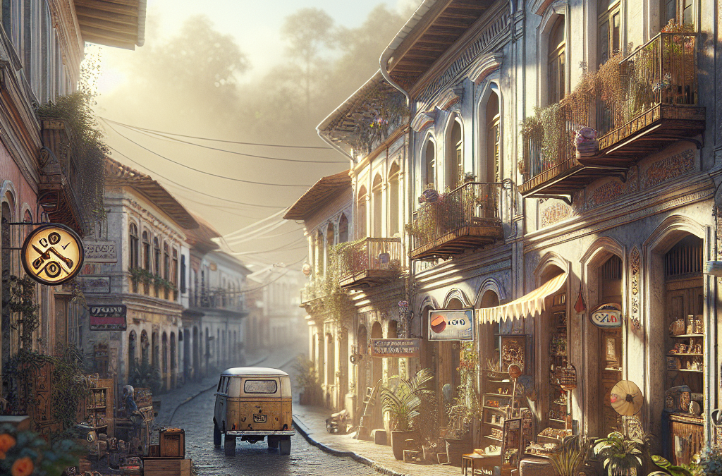 A vintage van drives down a cobblestone street lined with charming, old-style buildings adorned with balconies and lush greenery on a sunny day.