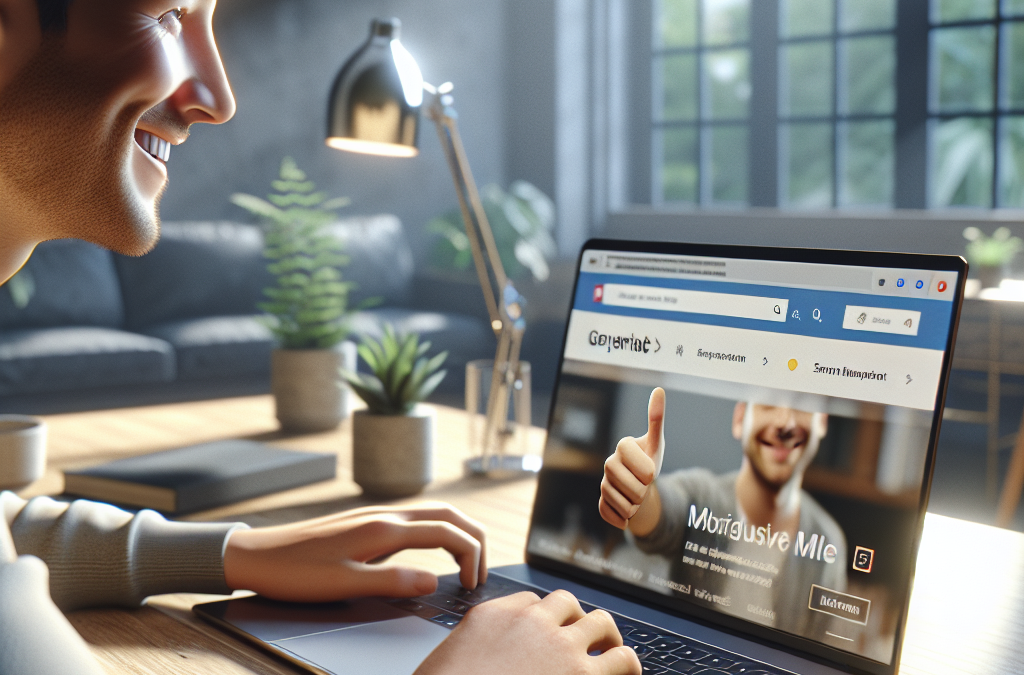 A person is smiling and using a laptop in a well-lit room. The laptop screen displays a website with an image of a person giving a thumbs-up.