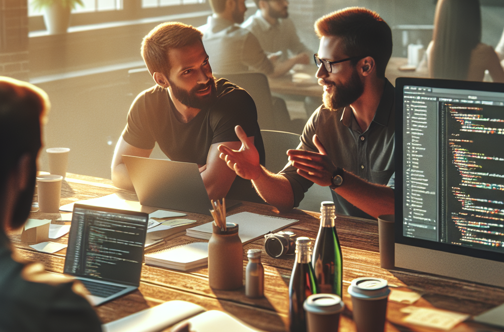 A group of people are working in a modern office space with laptops and drinks on the table. Two men in the foreground are engaged in a conversation, with computer screens displaying code. Sunlight streams through large windows, creating a warm atmosphere.