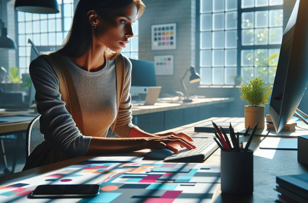 A woman is working at a computer in a well-lit, modern office. She has design materials, phones, and stationery on her desk. Sunlight is streaming through large windows, creating a bright and airy atmosphere.