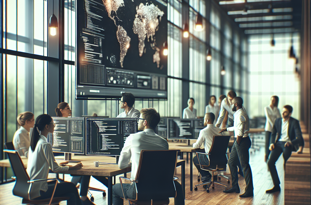 A modern office with glass walls and a large digital map display. Several people are working at computers, focusing on screens displaying code and data.