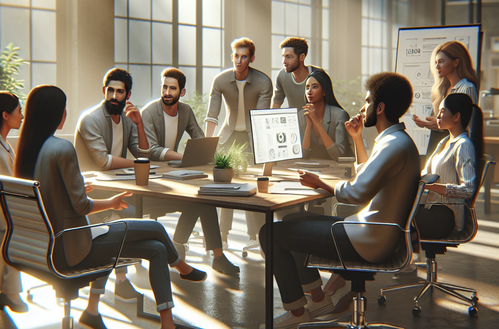 A group of people in a modern office setting is having a meeting around a conference table with laptops and documents. Large windows in the background let in natural light.