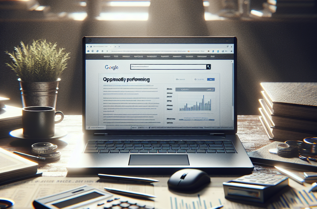A desk with a laptop displaying a graph on its screen, surrounded by a coffee cup, calculator, pens, papers, a potted plant, and stacks of coins and books.