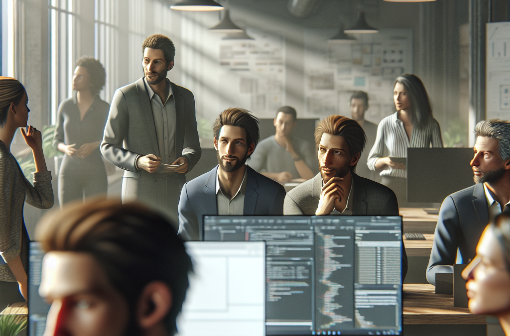 A busy, modern office with professionals working at computers and engaged in discussions.