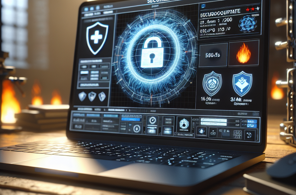 A laptop on a wooden table displays a high-tech security interface, featuring a central lock symbol and various data and icons related to cybersecurity. The room is dimly lit, suggesting a focused work environment.